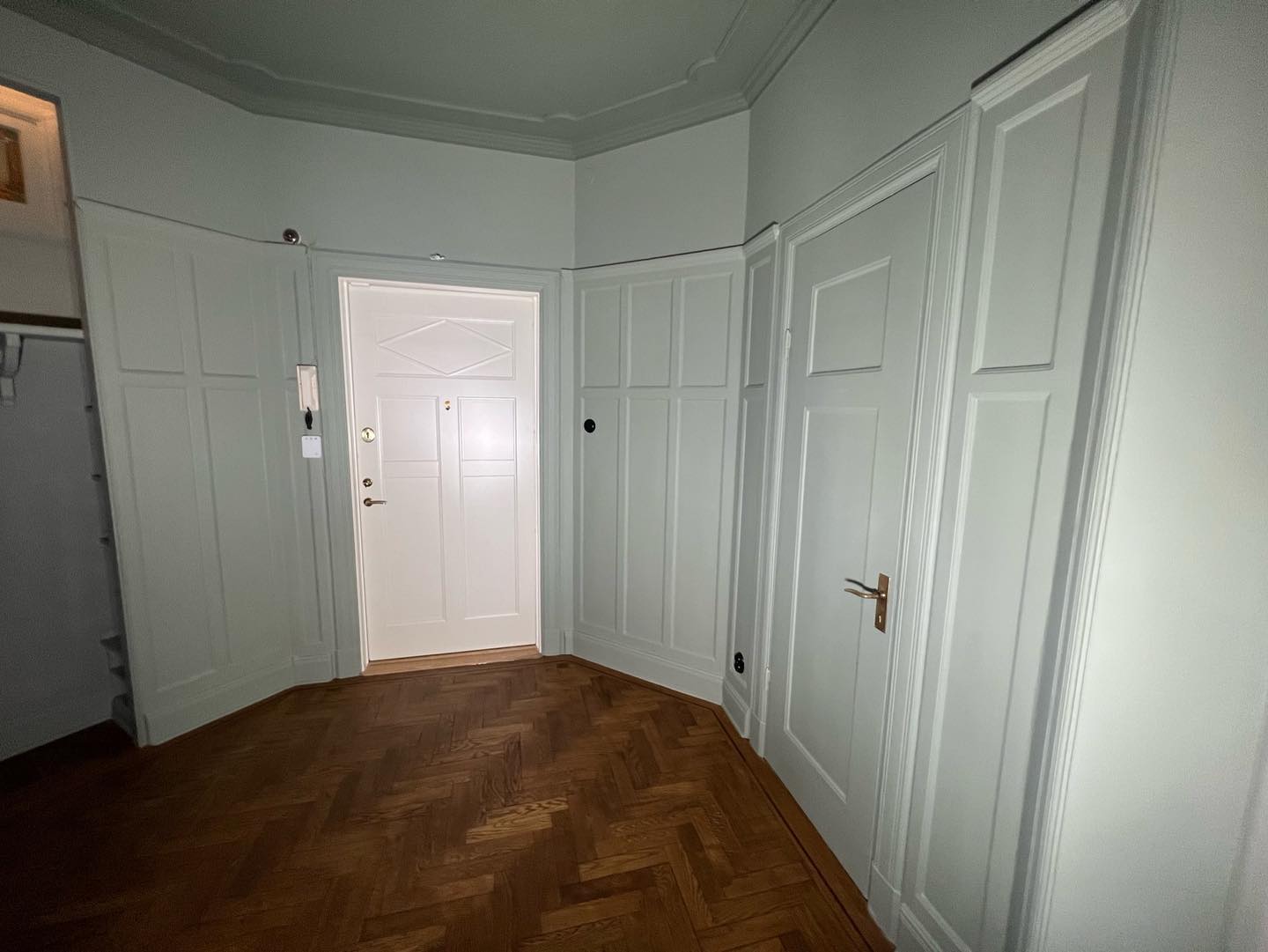 Hall med gröna väggar och dörrar i samma kulör